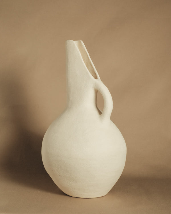 Kasia Sznajder Pouring Vessel, hand built white clay stoneware vessel with elongated spout and organic handle.