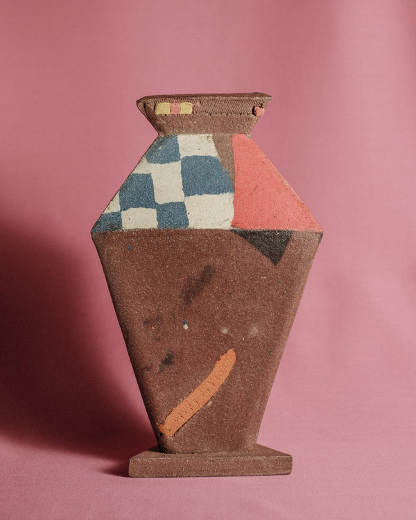 Shane Gabier Triangular Vase, stoneware vessel in pigmented clay with geometric surface patterning, glazed inside.