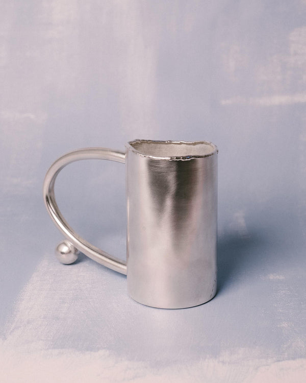 Tall silver-plated copper cup by Yeodong Yun with curved handle and sphere, Cup 10