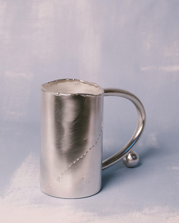 Tall silver-plated copper cup by Yeodong Yun with curved handle and sphere, Cup 10