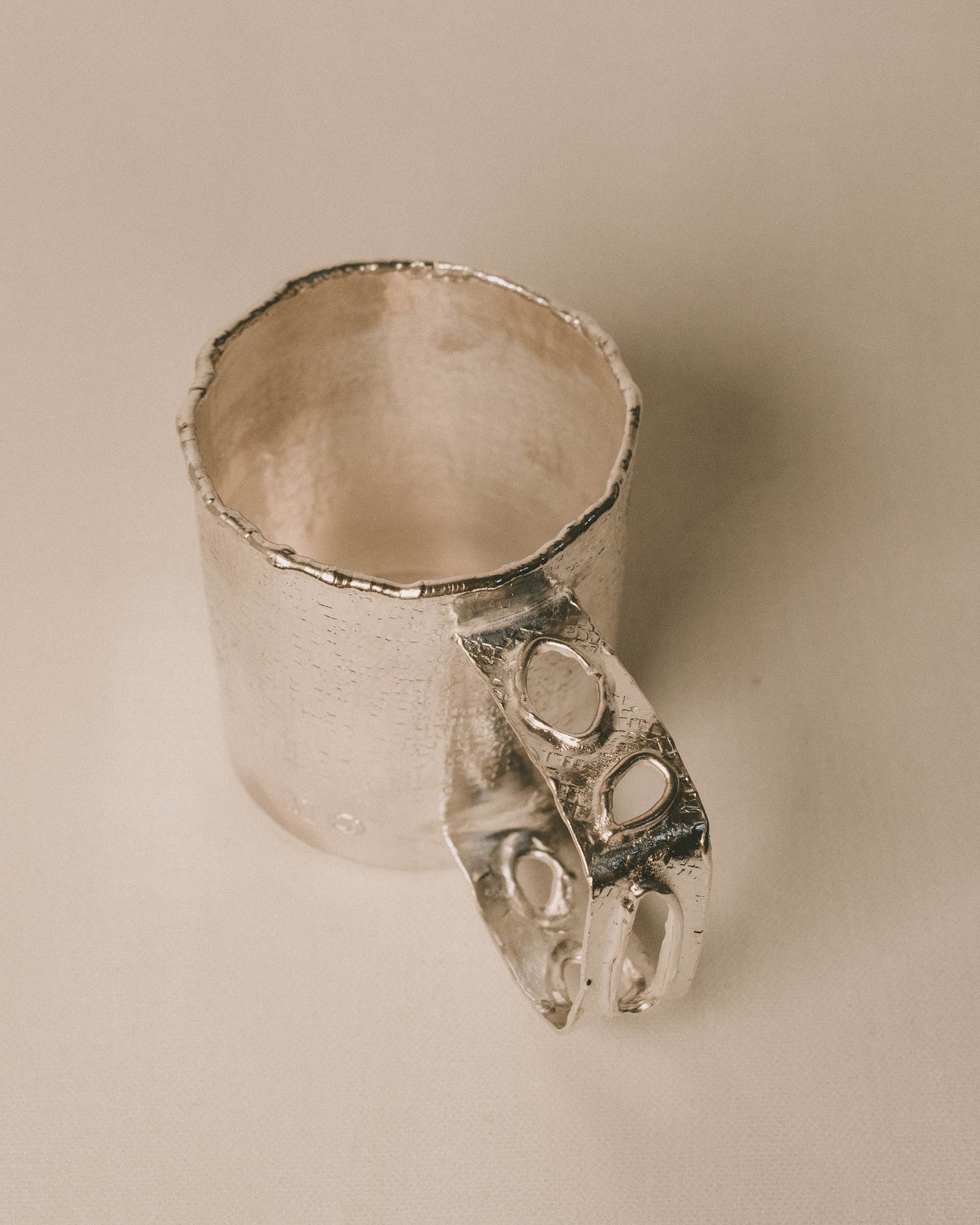 Hand-hammered silver-plated copper cup by Yeodong Yun with cut-out handle, Cup 11, 13 × 7.5 × 8 cm