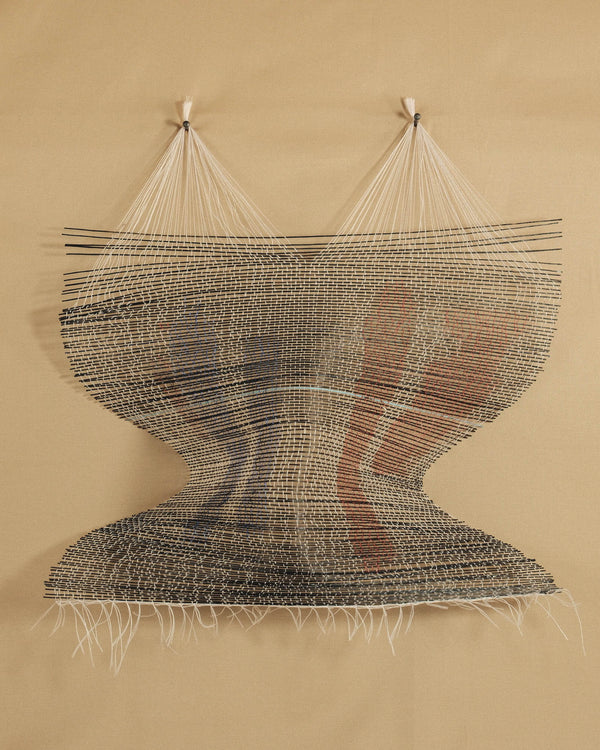 Anna Fiedler Highway Wall Piece woven artwork in deep blue wire and red painted thread with linear rhythm and sculptural tension.