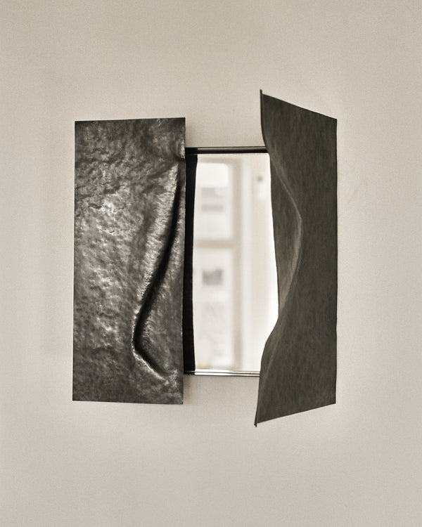 Agnieszka Owsiany Sculptural Mirror Cabinet, hand-hammered copper wall piece with doors open revealing hidden mirror