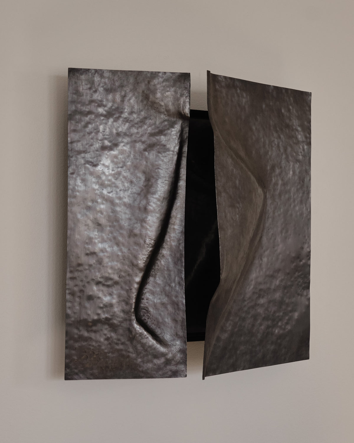 Agnieszka Owsiany Sculptural Mirror Cabinet with hand-hammered copper doors closed, forged with Andreas Billert