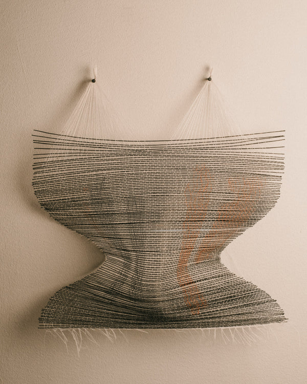 Highway by Anna Fiedler, deep blue wire and white thread, front view