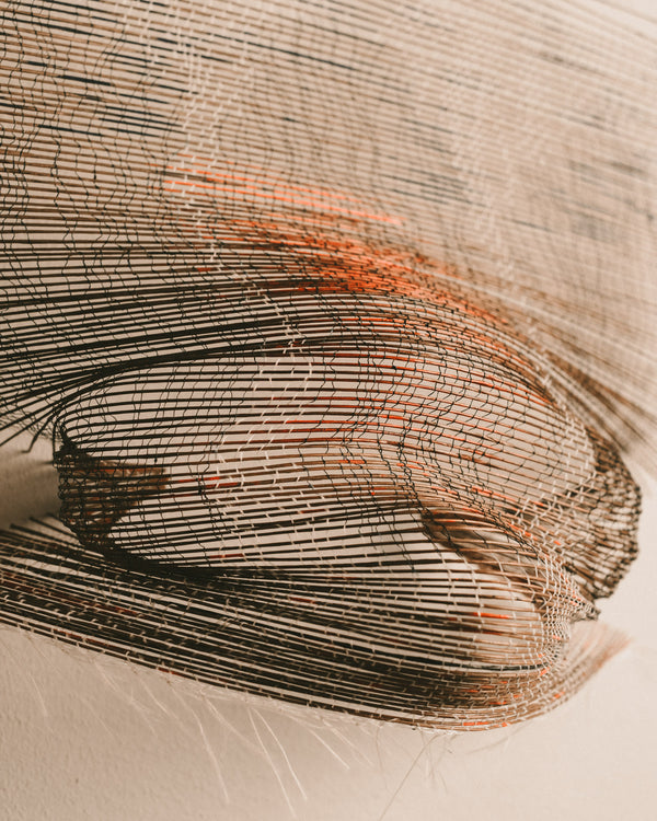 Sculptural form of Scanner, brown wire weaving, side profile