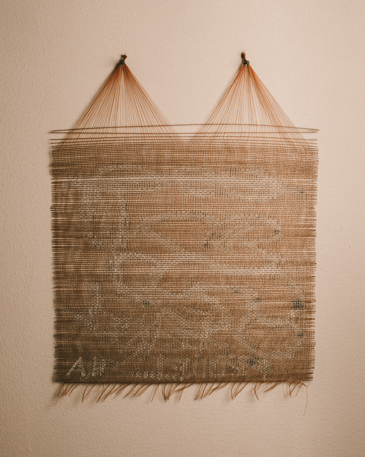 Water I Was Made For by Anna Fiedler, woven brown thread and wire, front view