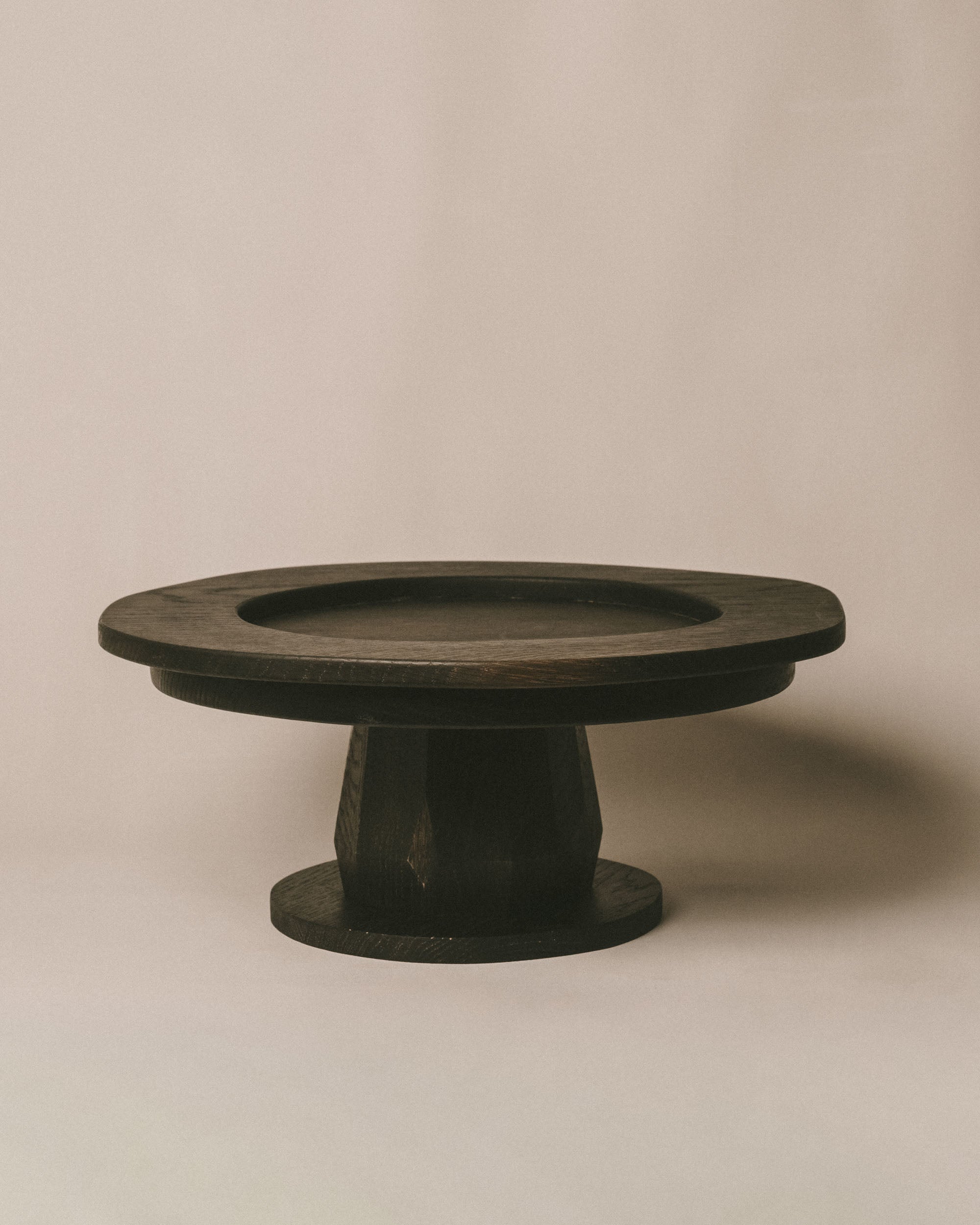 Christian+Jade Pedestal, carved oxidised oak from the Woodenware series, front view showing raised sculptural form
