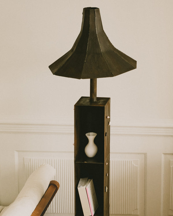 Eternal Elder Vigil by Hannah Kuhlmann, patinated steel shelf with lamp, front view detail