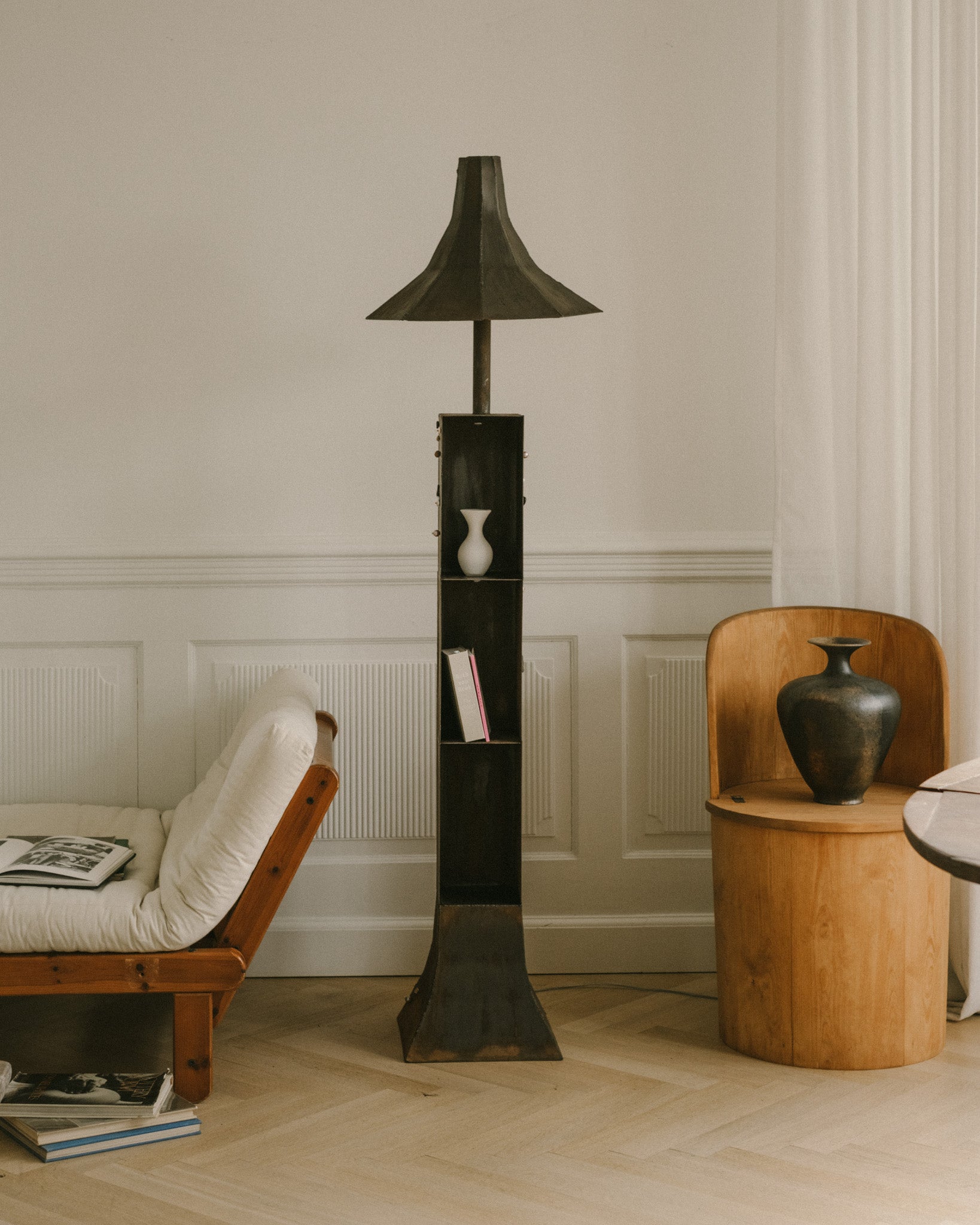 Hannah Kuhlmann Eternal Elder Vigil, patinated steel vertical shelf with integrated lamp, in situ styled interior