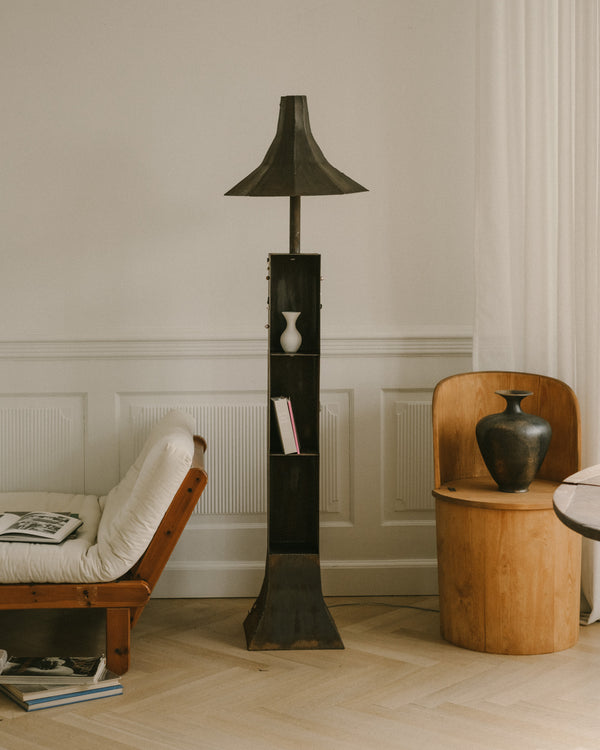 Hannah Kuhlmann Eternal Elder Vigil, patinated steel vertical shelf with integrated lamp, in situ styled interior