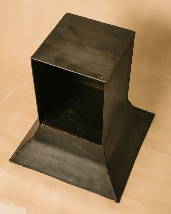 Hannah Kuhlmann Eternal Elder Vitrine, patinated steel cabinet, angled three-quarter view