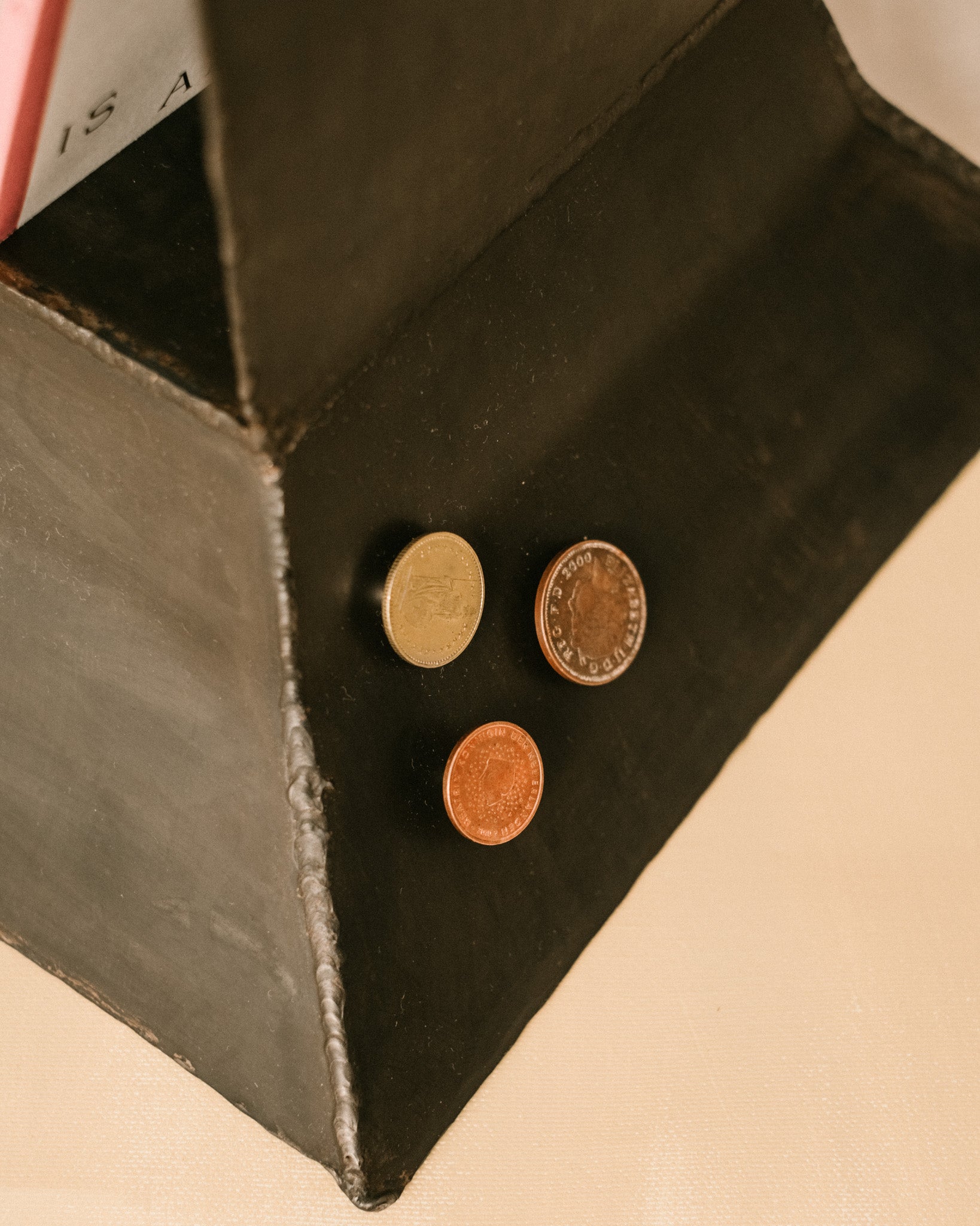 Interior detail of Eternal Elder Vitrine by Hannah Kuhlmann, magnetic Lucky Pennies arranged on steel base