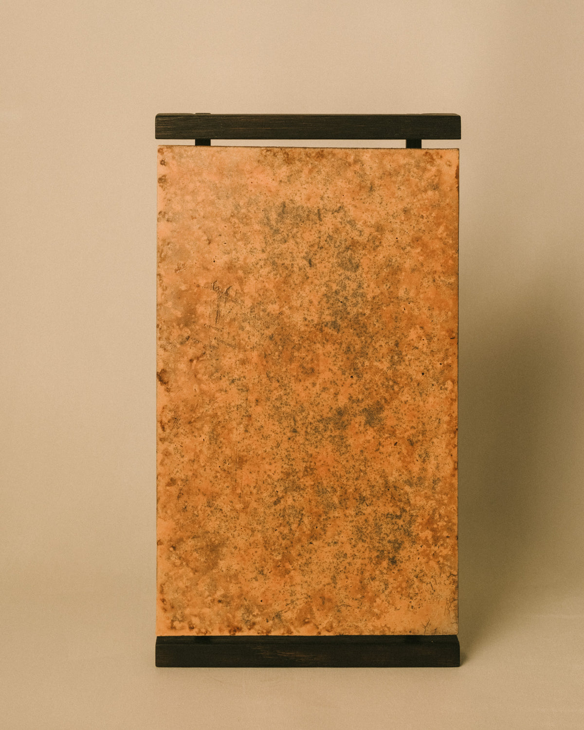 Tray 1 by Juliette Pénélope Pépin and Sausset Leou, Raku-fired ceramic tile with oak base, front view