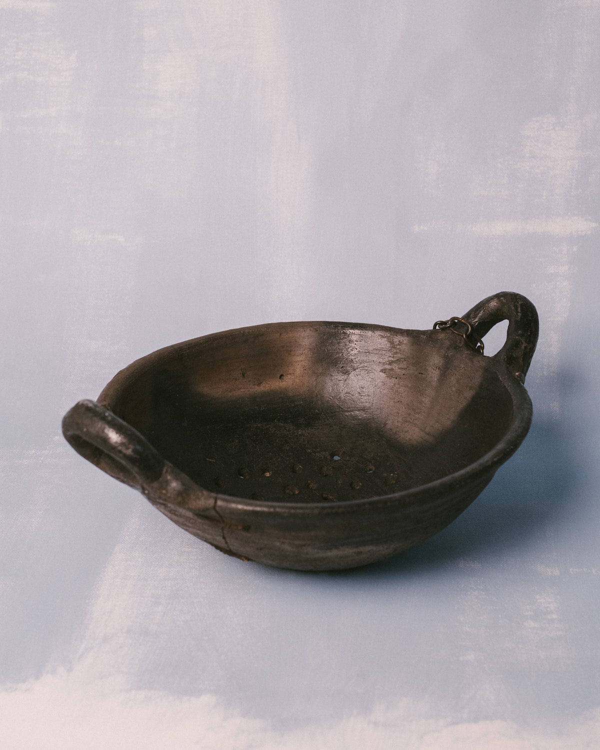 Jydepotter colander, traditional Danish blackware, front view