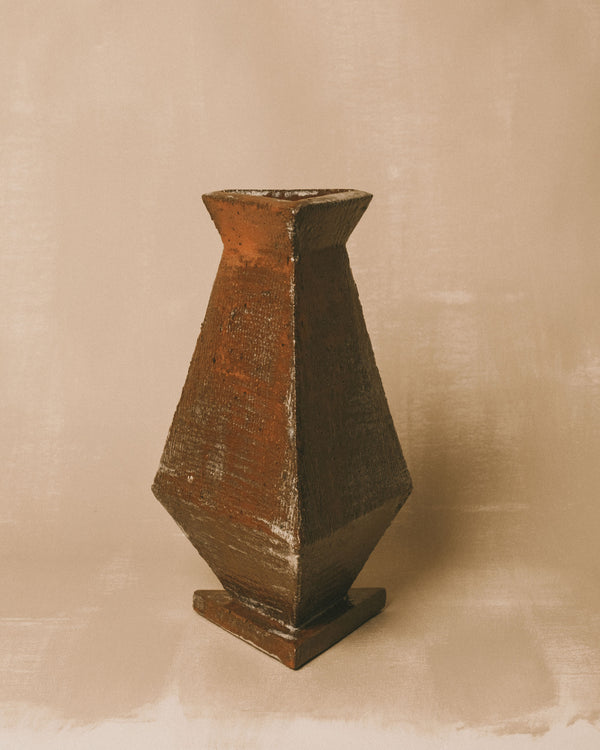 Triangular Vase 2 by Shane Gabier, hand-shaped faceted ceramic, front view
