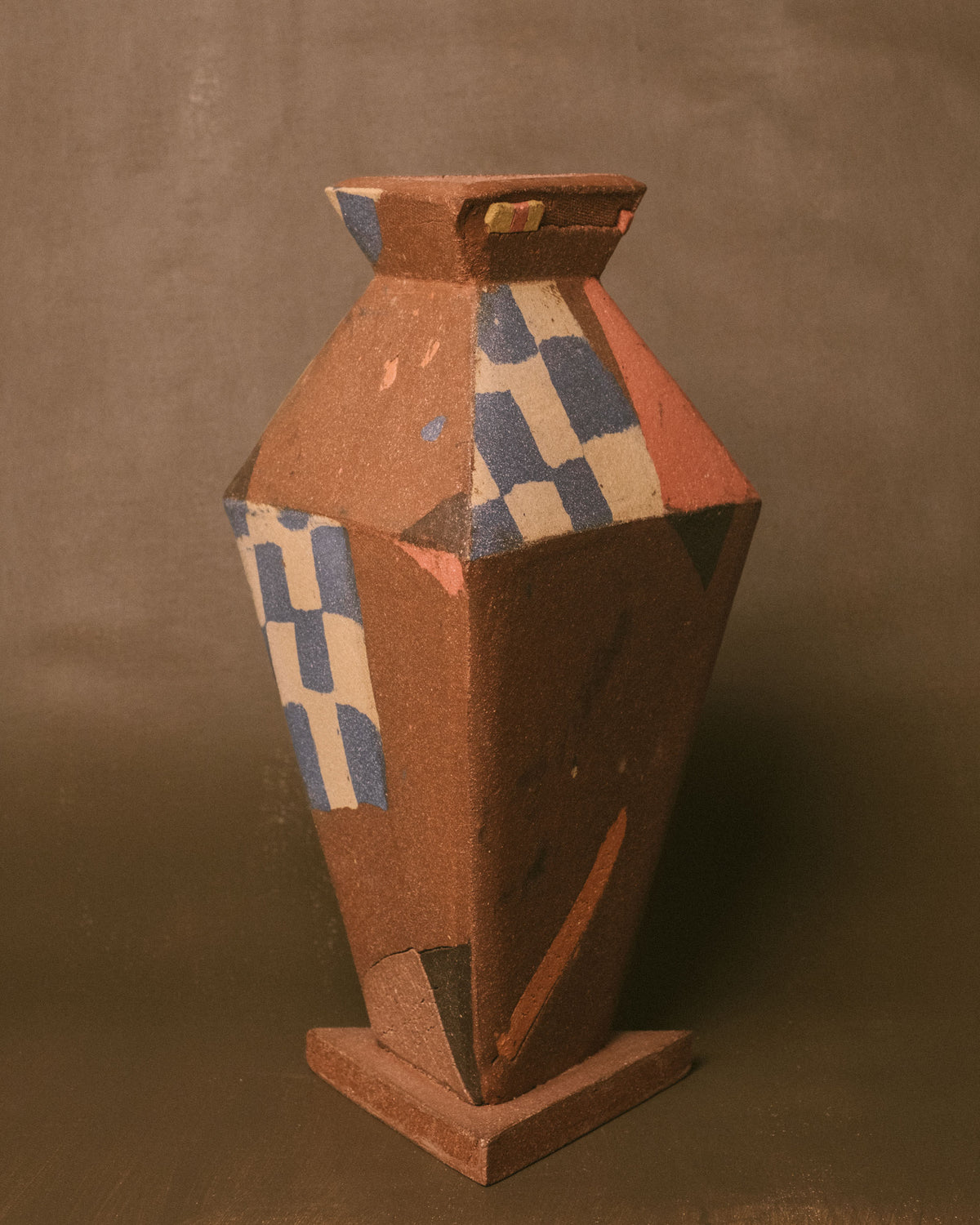 Triangular Vase by Shane Gabier, checkered clay pattern, front alternate view