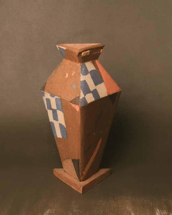 Triangular Vase by Shane Gabier, pigmented clay, checkered pattern, front view