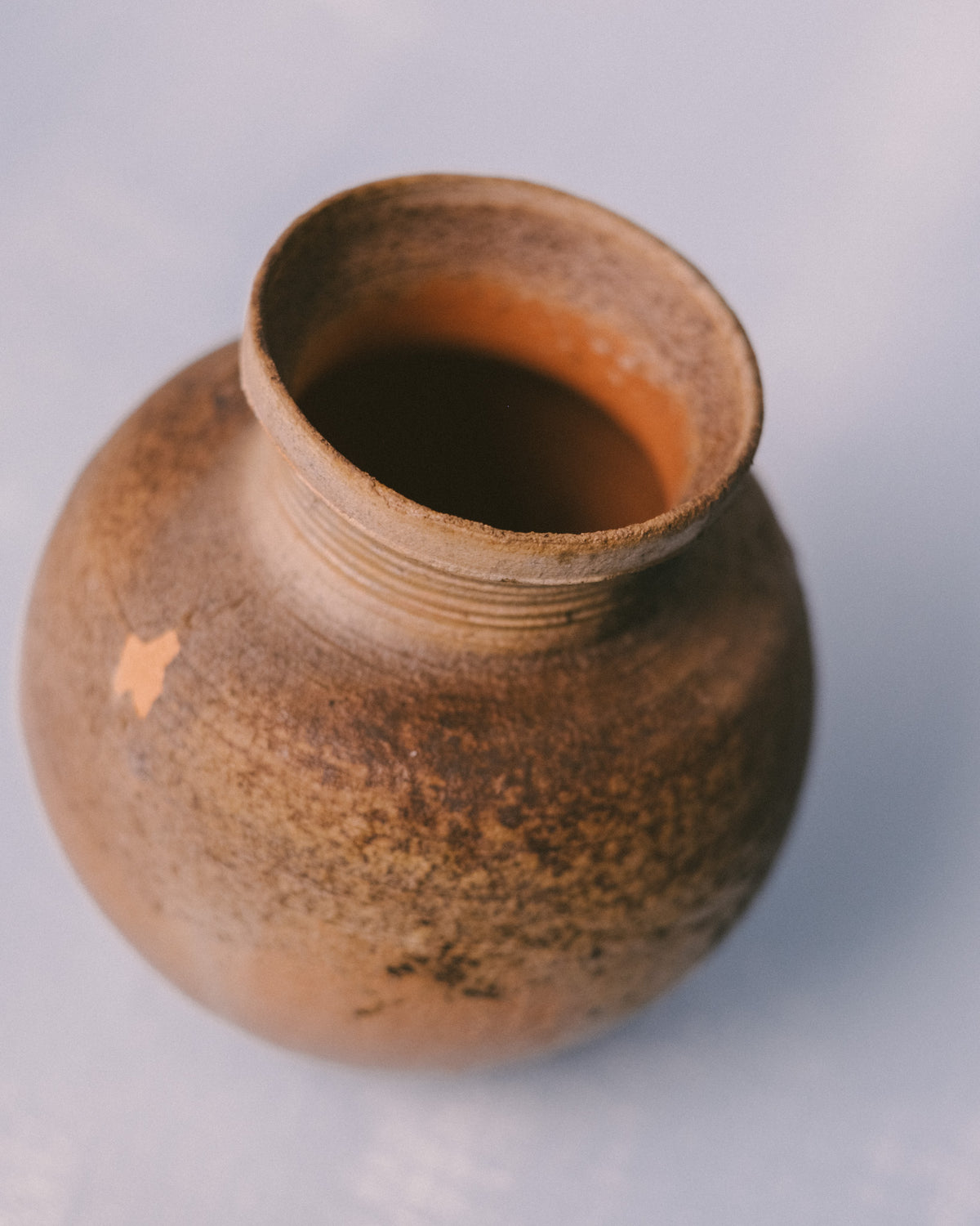 Wood-fired Bizenyaki vase, medium size, natural ash markings, angled view