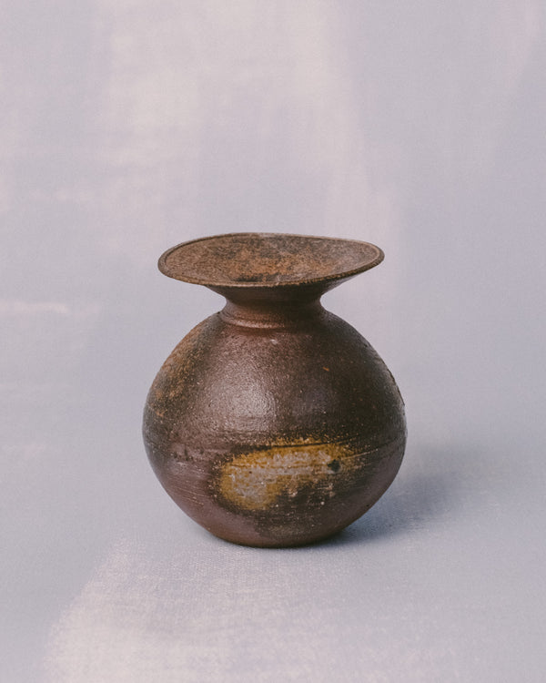 Bizenyaki vase by Sharlen Nozawa, wood-fired unglazed stoneware, spherical form with flared rim