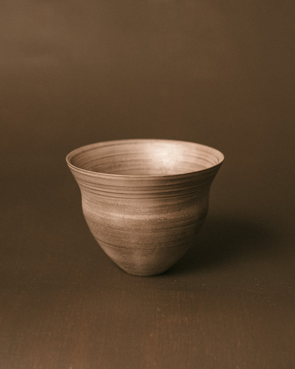 Sharlen Nozawa Silver Lustre Cup, hand-thrown ceramic with delicate silver lustre overglaze, front view showing reflective sheen
