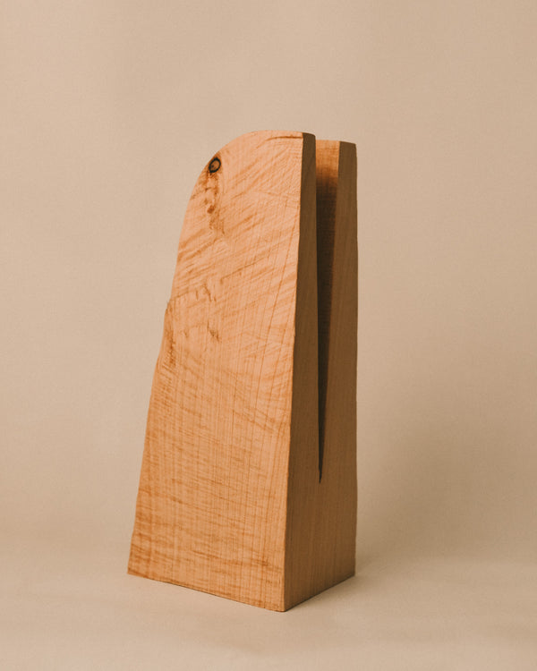 Carved back detail of Vince Skelly's Bishop sculpture, timber grain