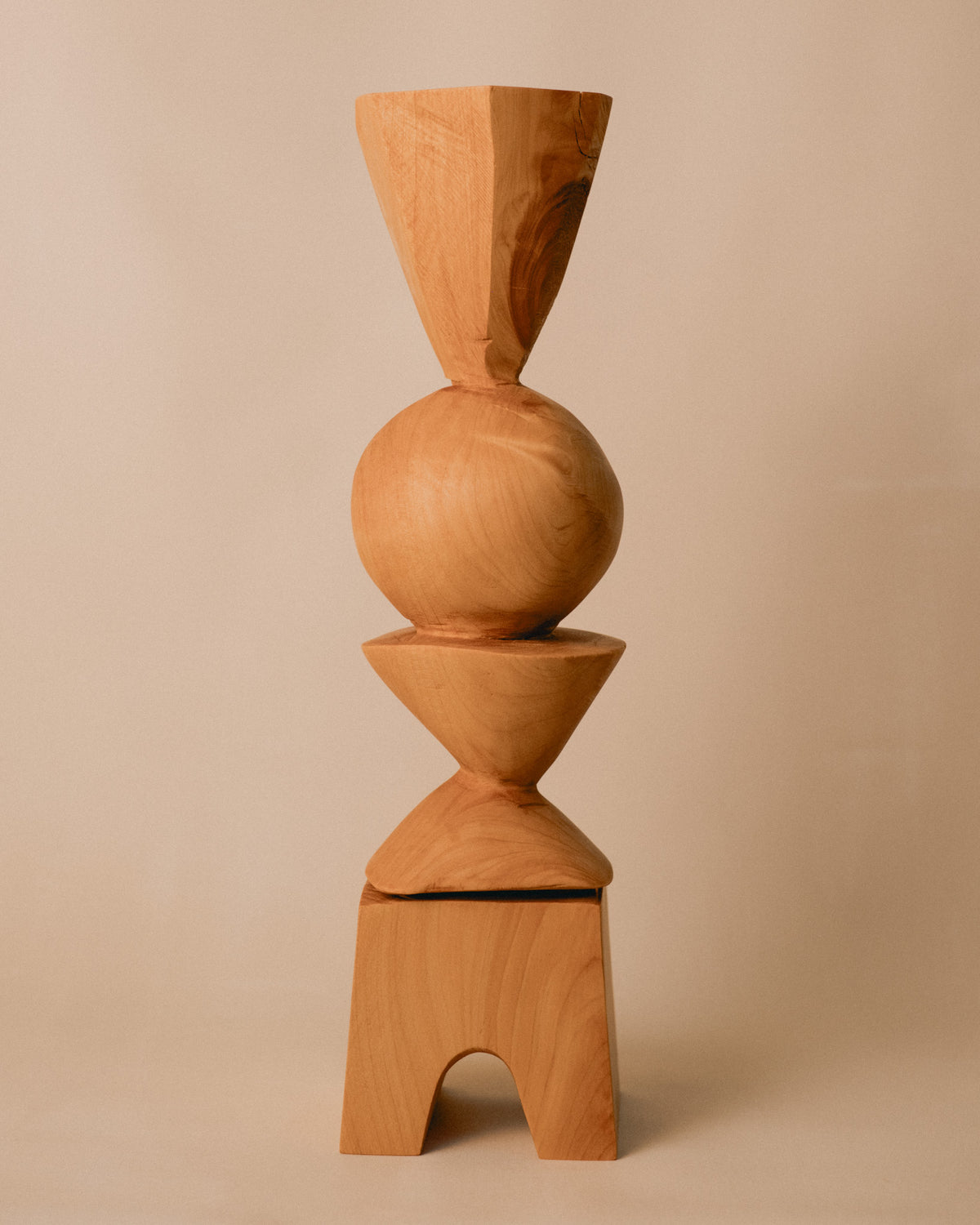 Sentinel Study 01 by Vince Skelly, stacked geometric forms in carved timber, front view