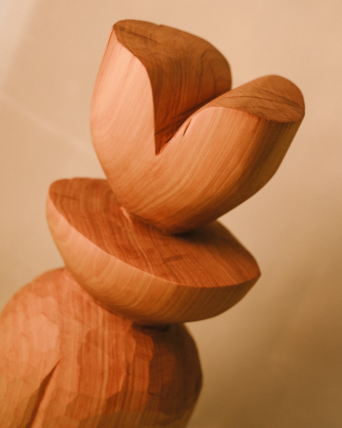 Twisting crown form of Sentinel Study 02, carved timber, angled view