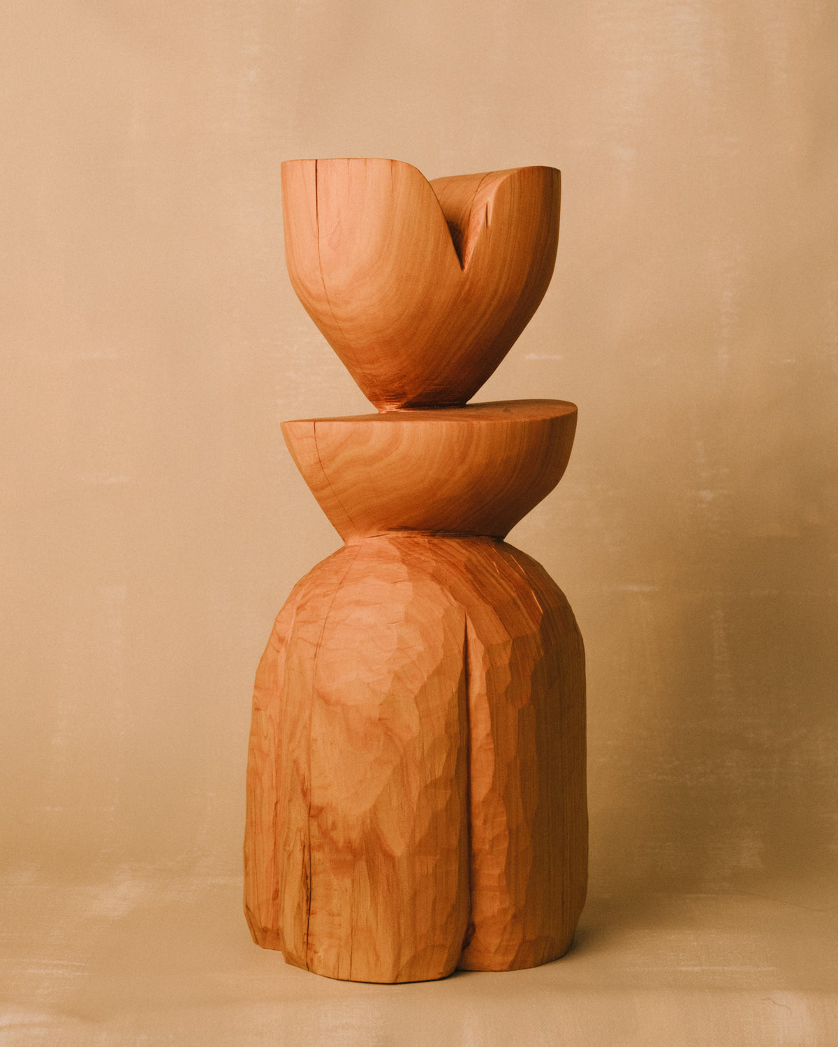 Sentinel Study 02 by Vince Skelly, stacked carved timber forms, front view