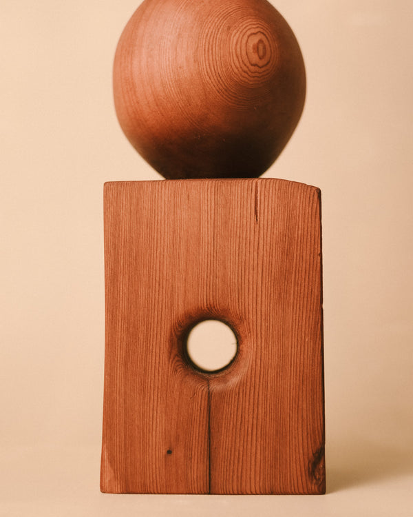 Pierced cube base of Sentinel Study 04, carved West Coast timber, close-up