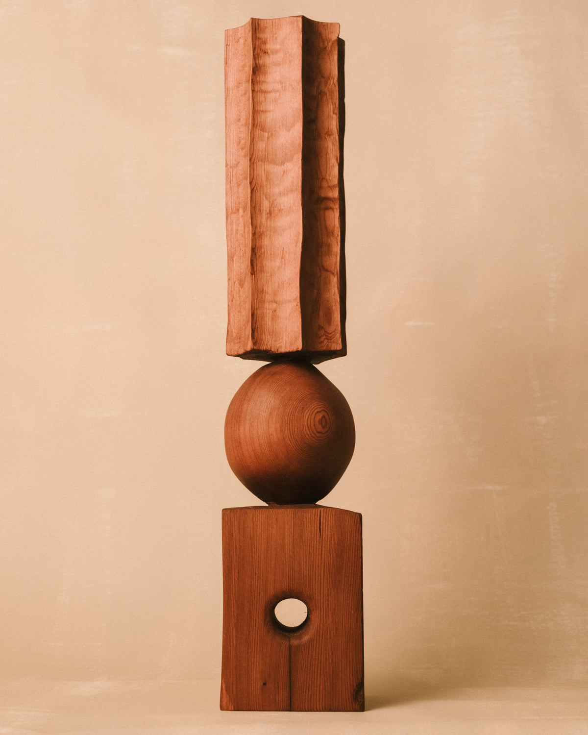 Sentinel Study 04 by Vince Skelly, stacked geometric forms in carved timber, front view