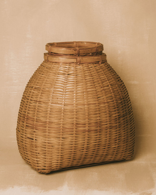 Woven bamboo basket set with lid, tapered form, front view